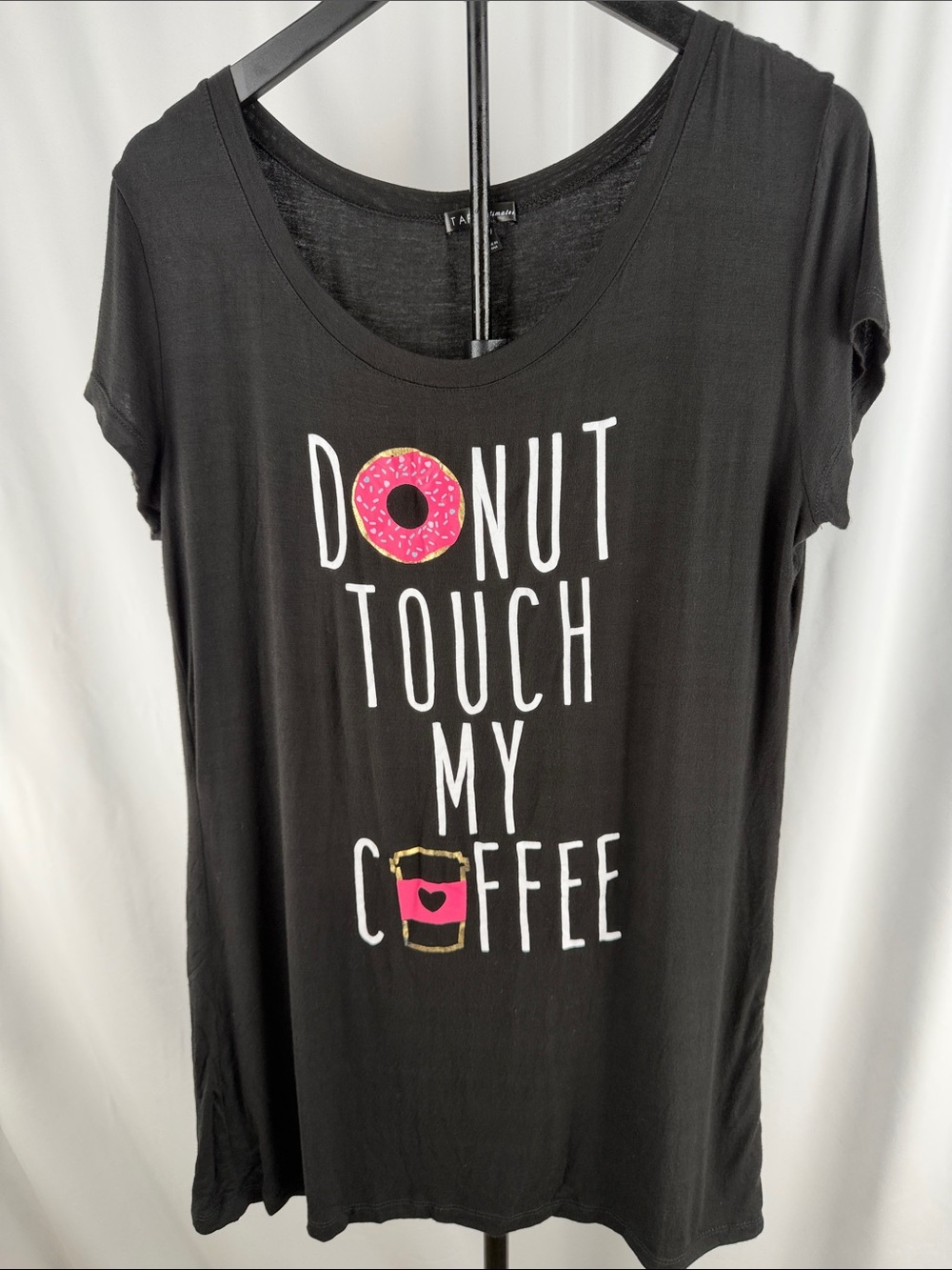 Tart Black Short-Sleeve Nightgown with Pink Donut and Pink Coffee Graphic